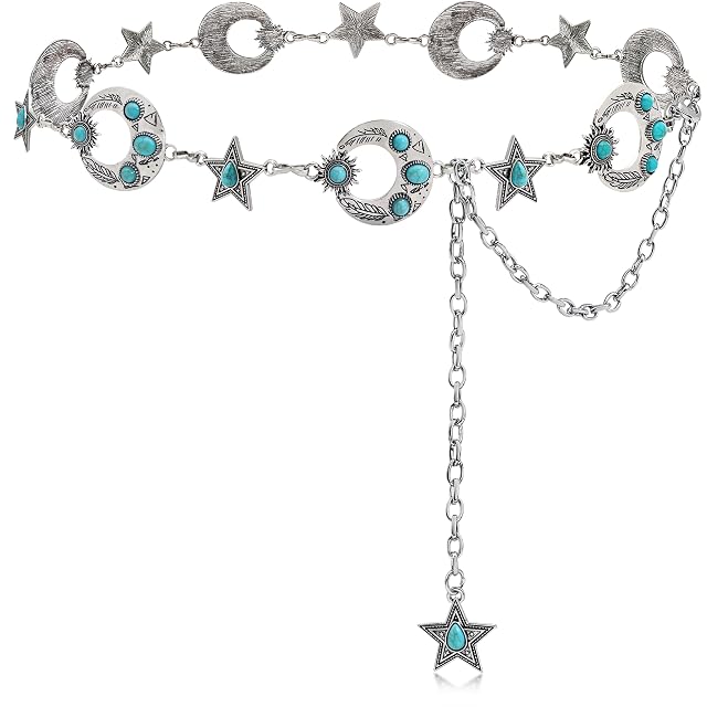 Western Turquoise Concho Belt for Women Concho Cowgirl Waist Chain Adjustable Western Belt for Dresses Jeans