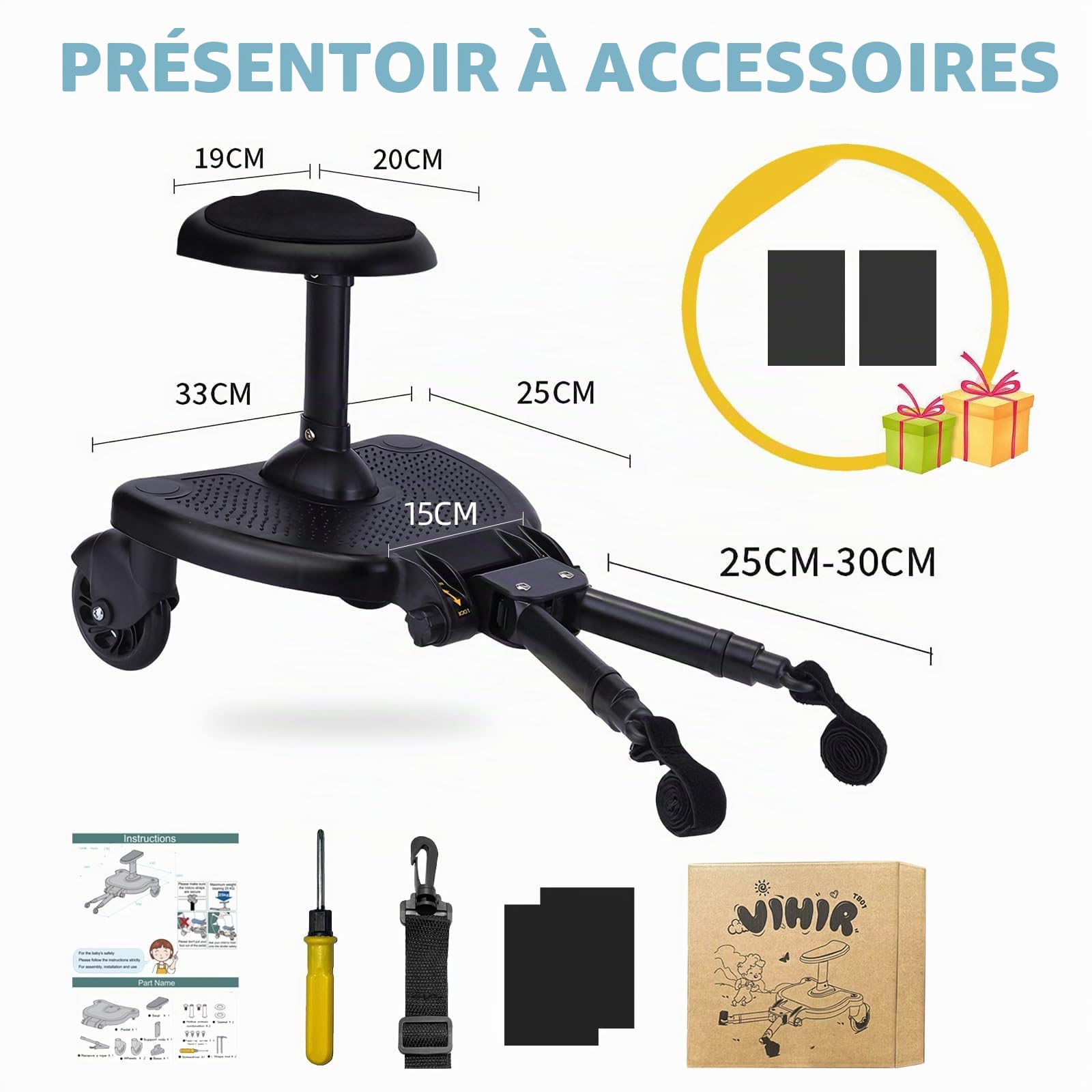 Vihir Planche Poussette Universelle, Planches à roulettes pour bébé, Marche Pied Poussette Avec Sièges Plus Larges et Hauts, Avec de Deux Tapis Antidérapants, pour Enfants de 2 à 6 Ans (25KG)