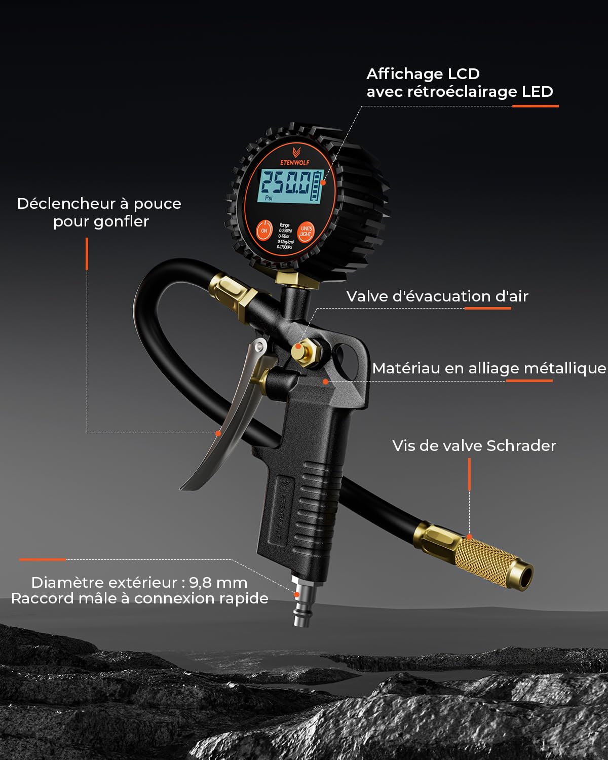 ETENWOLF T500 Manometre Pression Pneu Gonfleur Pneu, Manomètre Numérique de Pression 0-250 PSI, Pistolet de Gonflage, Embout de Gonflage et Accessoires pour Compresseur avec Sac de Rangement