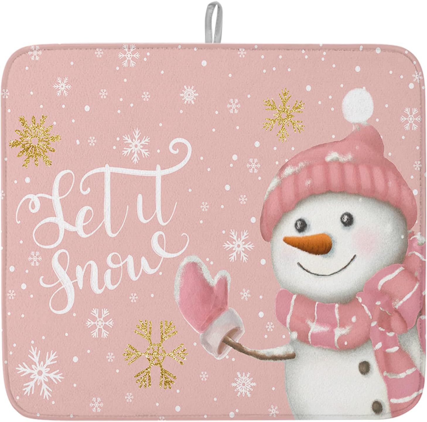 Pink Snowman Christmas Dish Drying Mat for Kitchen Counter, Winter Snowflake Dish Mat Drying Kitchen Mat, Xmas Baby Bottle Microfiber Drying Pad, Absorbent Coffee Cup Dishes Drainer Mats 18"x24"