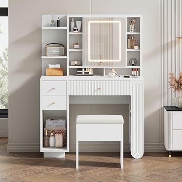 Illuminated Dressing Table with Mirror & Stool - Modern Dressing Table with Adjustable Brightness, Drawers & Open Shelf, White, 100 x 40 x 138 cm