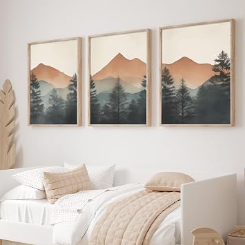 Foggy Forest Wall Art Boho Mountain Canvas Art Abstract Landscape Painting for Home Decor Boho Landscape Print 3PCS Set Abstract Forest Mountain Nature Poster 12x16inch Set of 3 Frameless