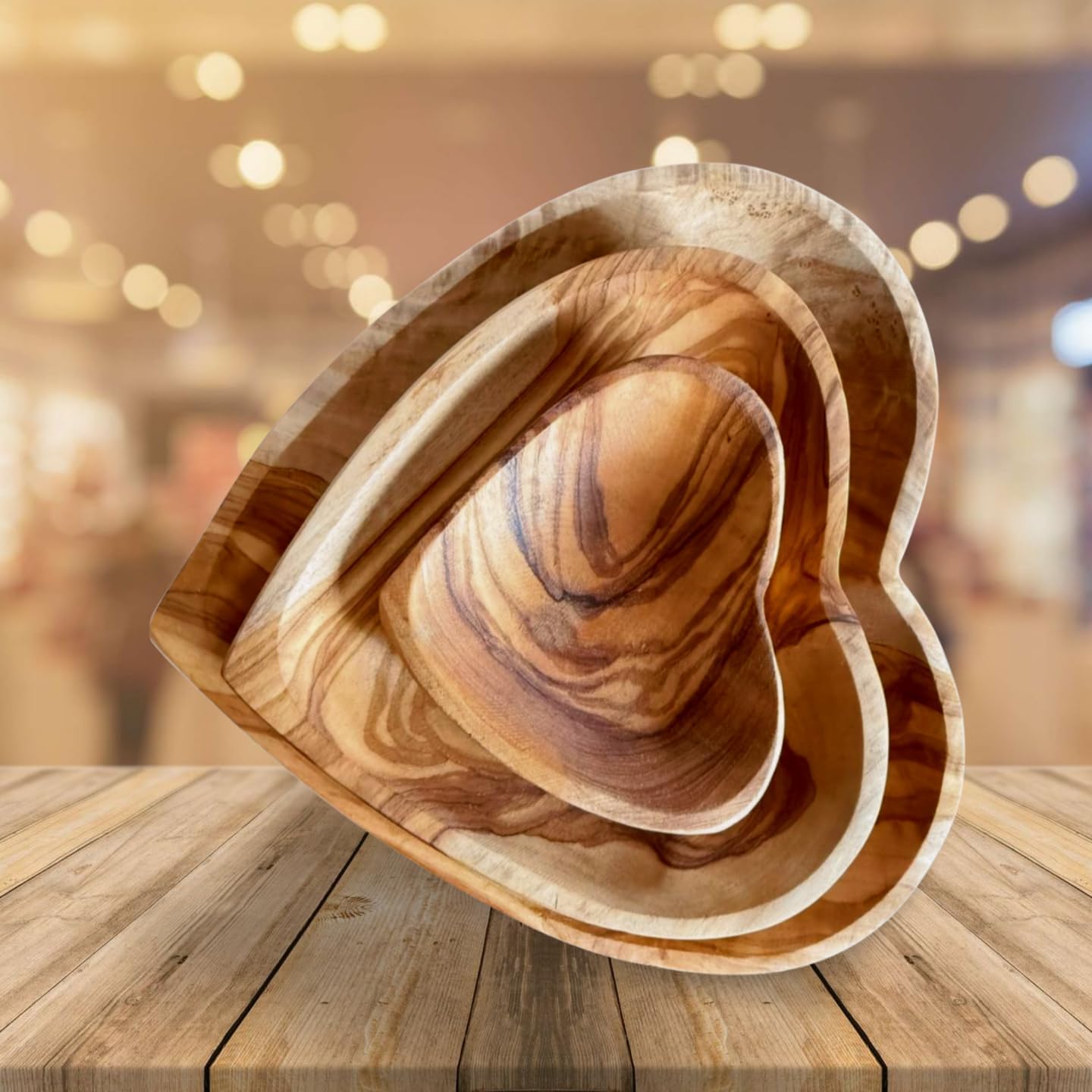 Handcrafted Olive Wood Heart Tray Trio – Rustic 3-Piece Decorative Serving Set for Home, Kitchen, or Gifting
