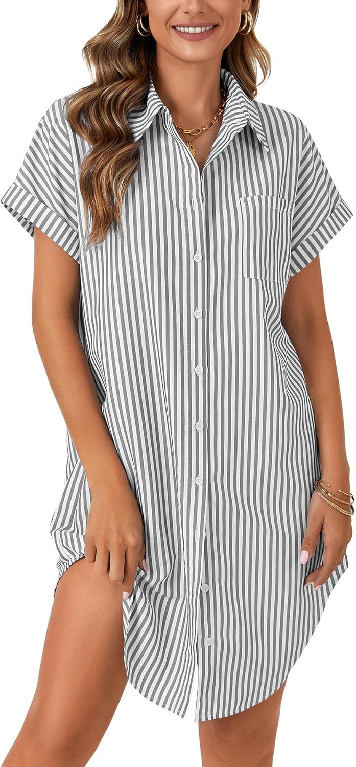 Rooscier Women's Summer Striped Shirt Dress Button Down Short Sleeve Casual Shirt Mini Dress