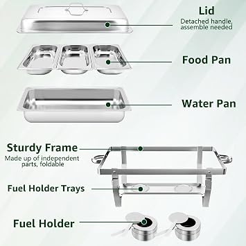 4 Pack 8QT Chafing Dish Buffet Set, Stainless Steel Buffet Warmer Sets, Silver Food Warmer with Foldable Frame Fuel Holder for Parties (4 Pack 1/3 Size Pan)