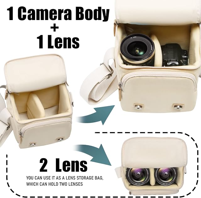 Cwatcun Compact Camera Bag Case Canvas Leather Trim Compatible for Nikon, Canon, Sony Mirrorless Camera and Lenses Water Resistant, Camera Shoulder Messenger Bag Beige(Small)