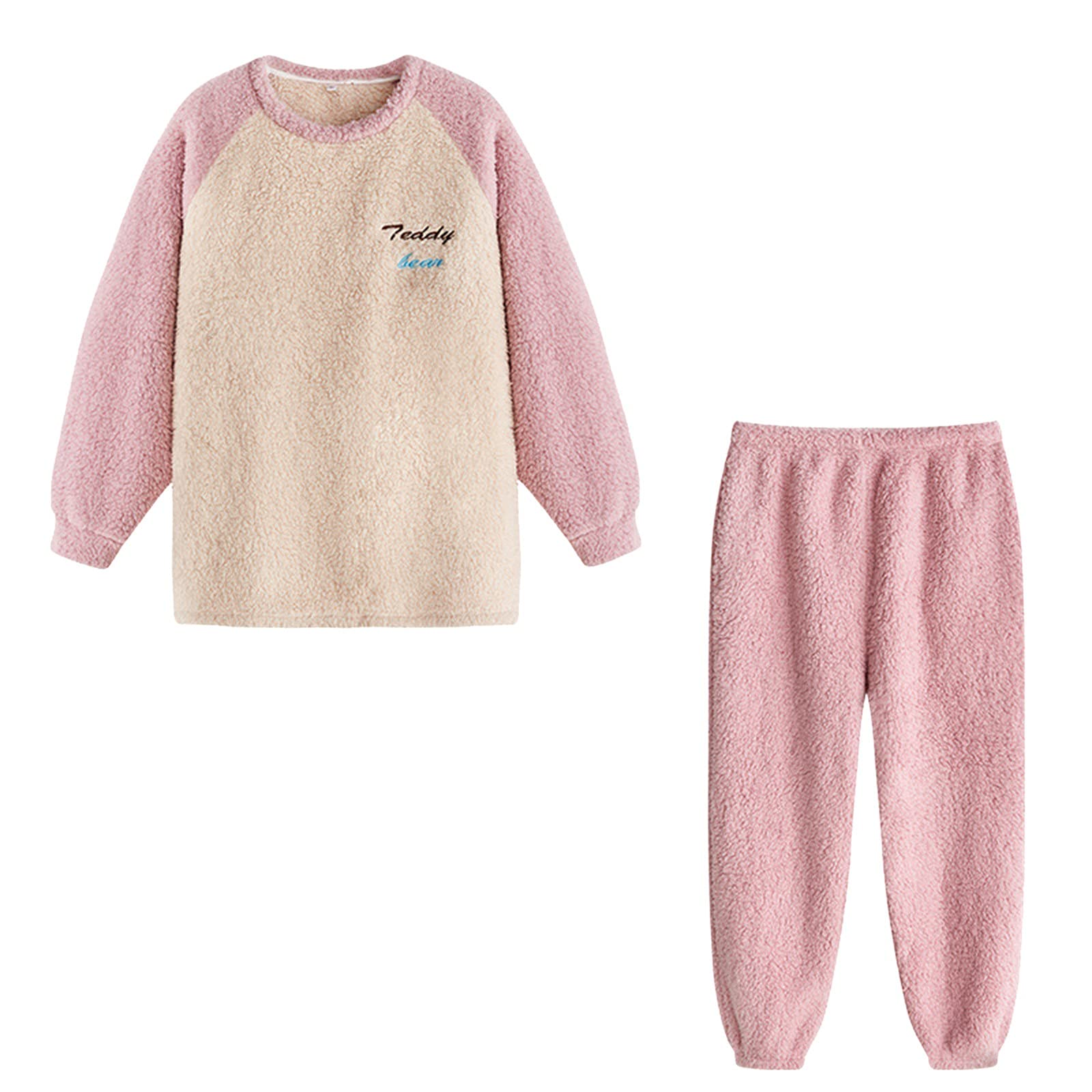 CMBSSTFC Warmer Flanell-Pyjama für Damen, kuschelig Warmer Damen-Pyjama, Winter-Pyjamahose + Langarm-Pullover, kuscheliger Anzug, Zweiteiliger Fleece-Pyjama, Flauschiger Hausanzug für Mädchen