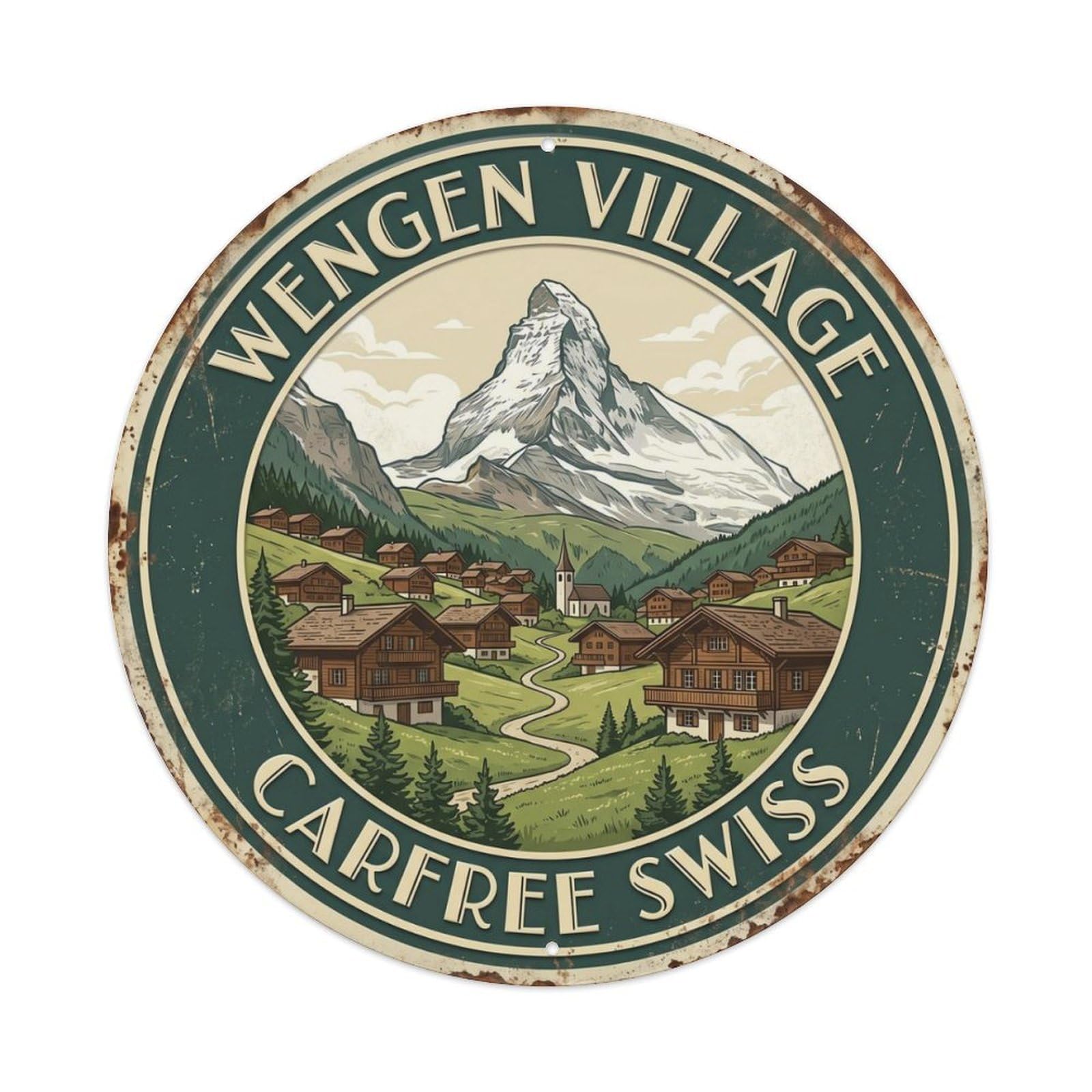 Wengen Village Carfree Switzerland Alpine Metal Tin Sign Plaque Wall Decor for Cafe, Club Bar, Office, Home Garden Round Metal Poster 8x8Inch