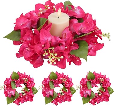 IPOPU Candle Wreath Rings,4PCS Floral Candle Rings for Pillars Deep Pink Bougainvillea Artificial Flowers for Boho Wedding Tables Centerpieces Valentines Day Wall Home Decor Deep Pink