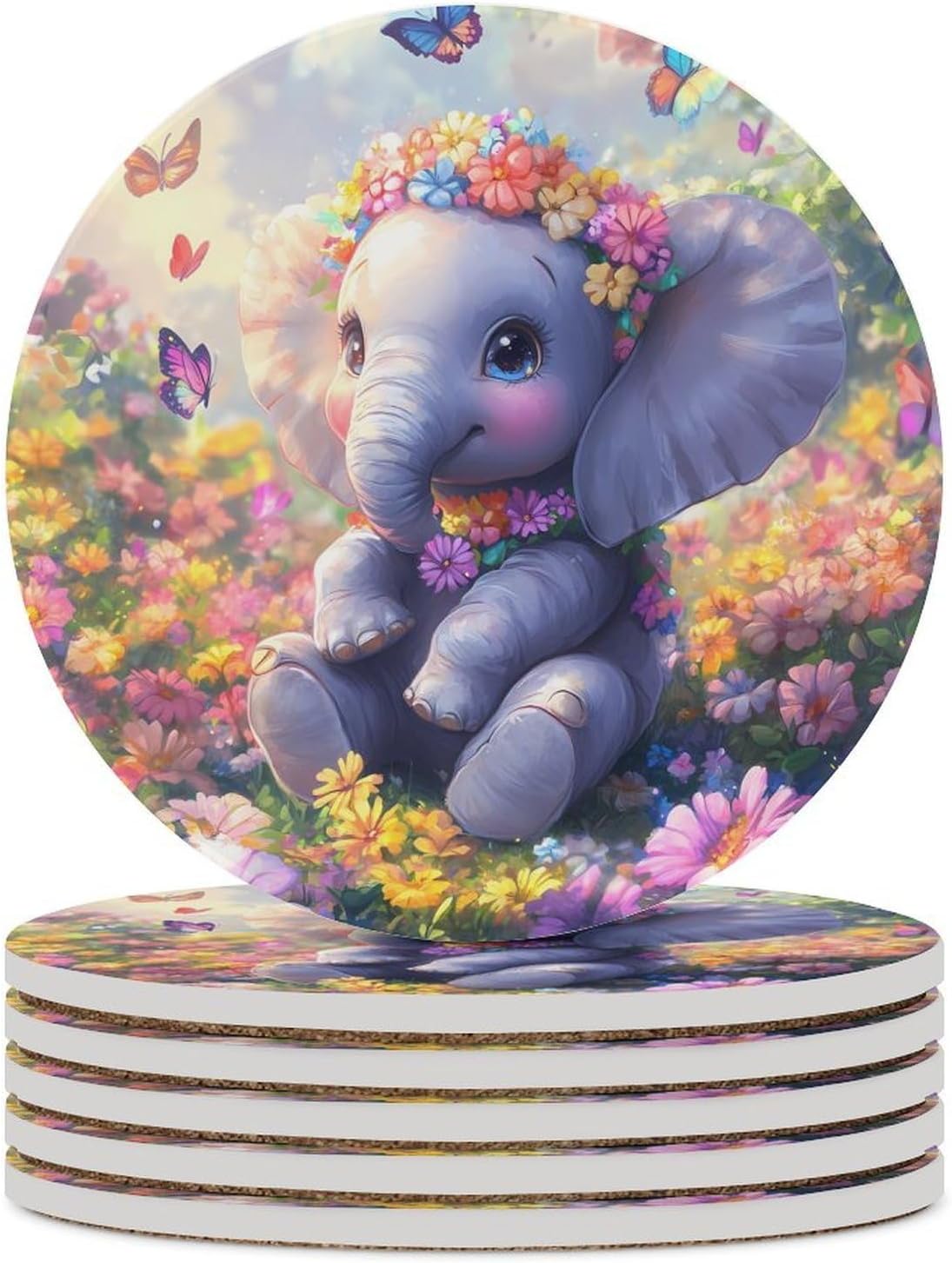 Cute Elephant Flower Butterfly Round Ceramic Coasters Print Drinks Absorbent with Cork Base for Home Decor Gifts 4 Inch