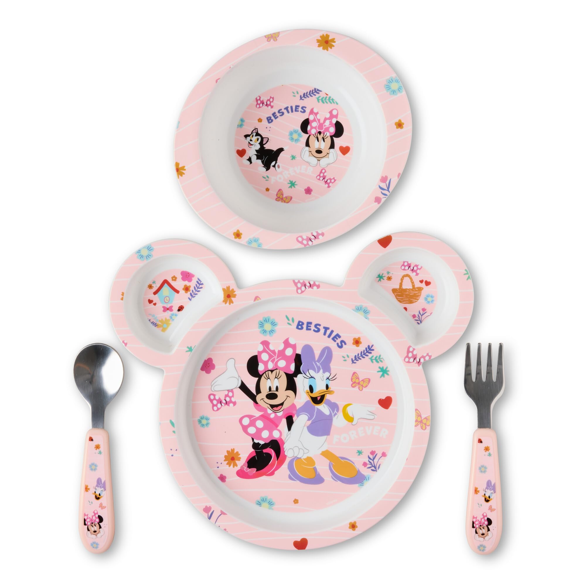 The First Years Disney Minnie Mouse Kids Dinnerware Set - Includes Toddler Plate, Bowl, Fork, and Spoon - Baby Led Weaning Supplies - 4 Count- Ages 9