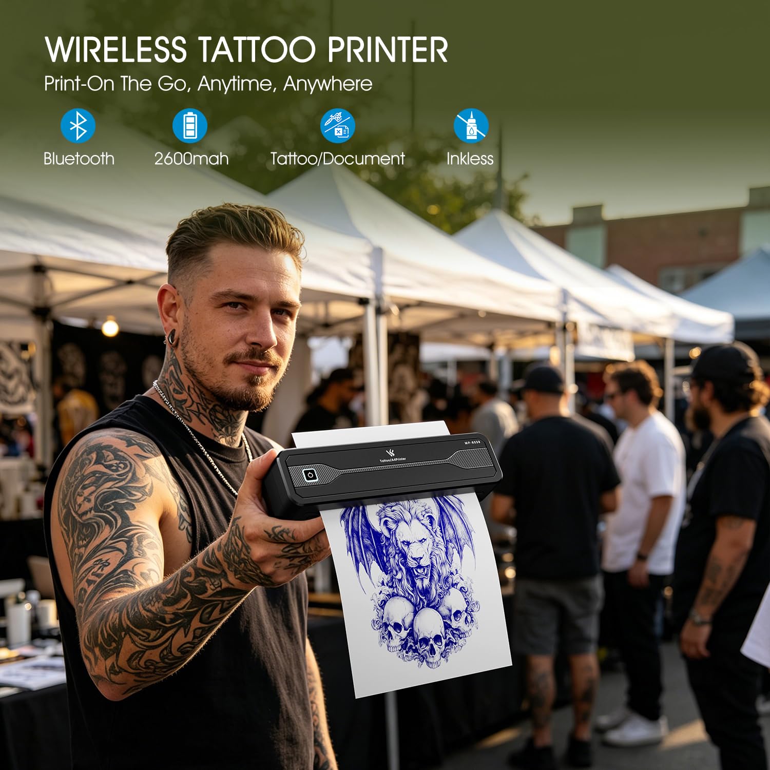 Stampante Stencil Tattoo Bluetooth MP-8038 Stampante Termica Tattoo 2600mAh | LIUMATE Stampante per Tatuaggi con 10 Fogli di Carta per Tatuaggi, Compatibile con Smartphone Tablet e PC per Artisti
