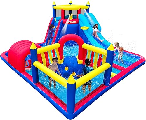 Parque inflable de tobogán acuático para diversión de fiesta, 15 x 15 pies, piscina grande de salpicaduras, toboganes largos y cortos, divertido