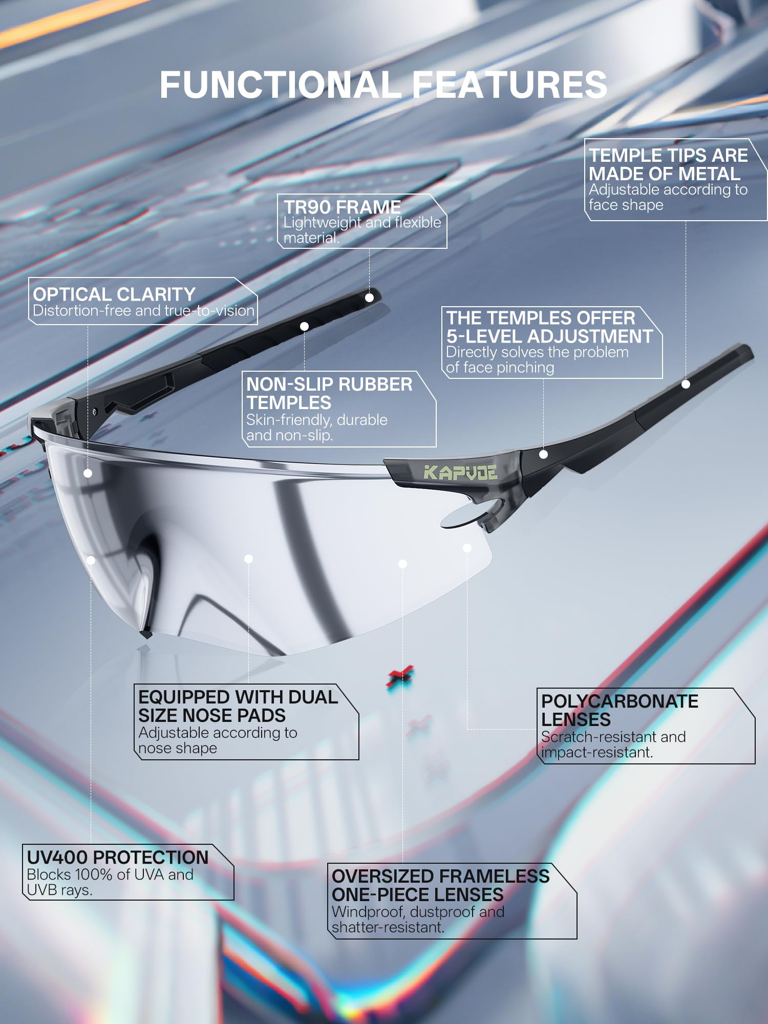 KAPVOE Lunettes Cyclisme Photochromiques & Teintées Homme Femme VTT K410 | Lunettes sport photochromiques et teintées pour homme et femme, conçues pour VTT, course et pêche