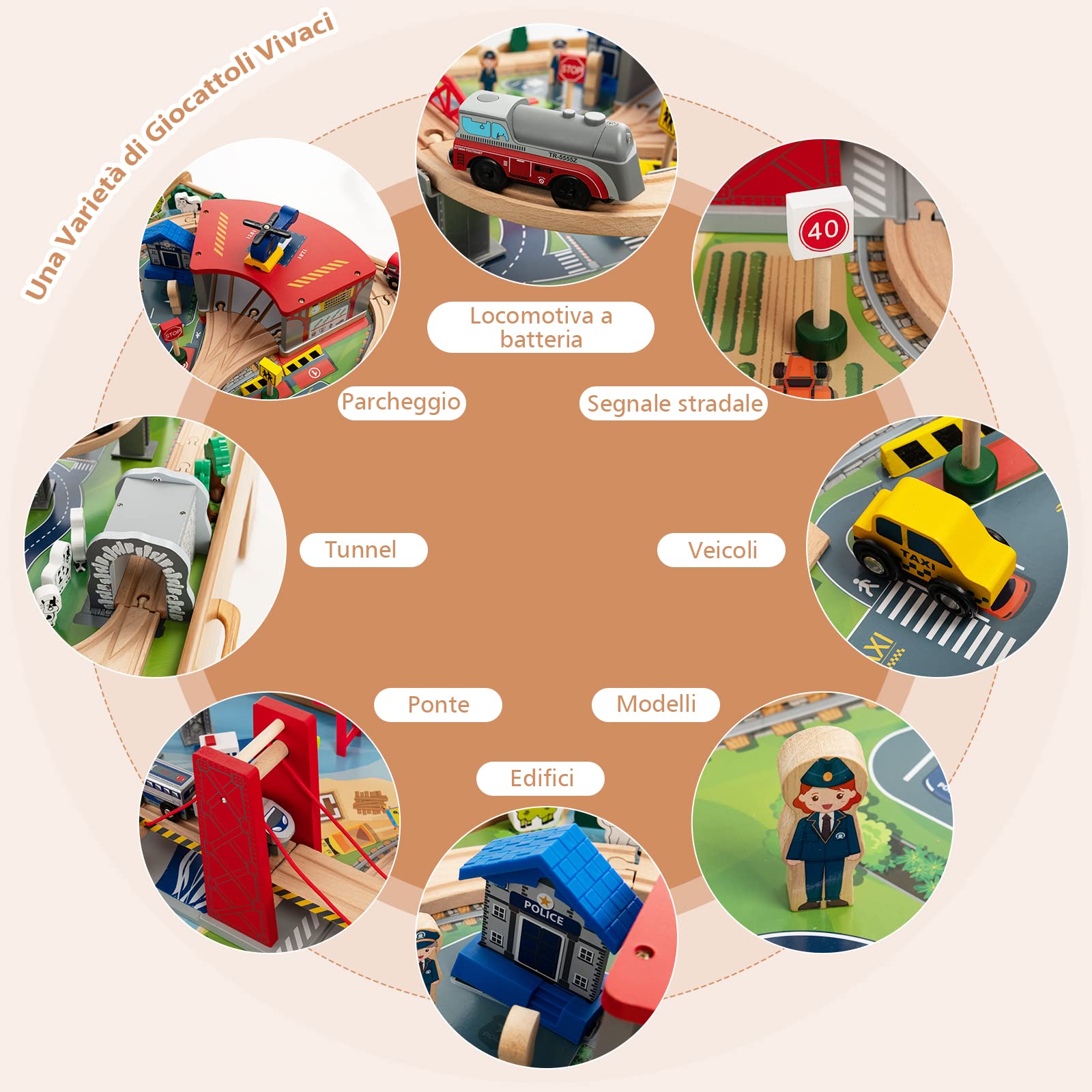 COSTWAY Tavolo e Set Treno Giocattolo in Legno, Set da Gioco Creativo Treni e Binari per Bambini con 100 Pezzi, Trenino per Bambini Anni 3+
