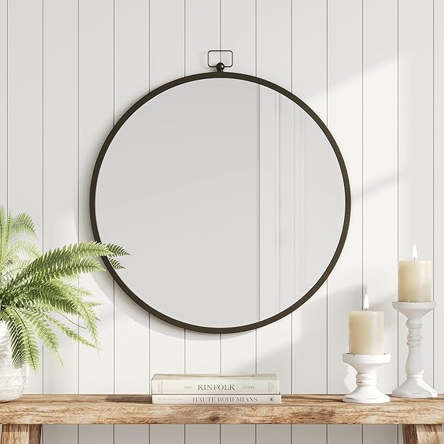 Barnyard Designs 61cm Large Round Circle Wall Mirror with Metal Frame, Decorative Mirror for Bathroom Vanity or Home Wall Decor, Iron Metal Grey