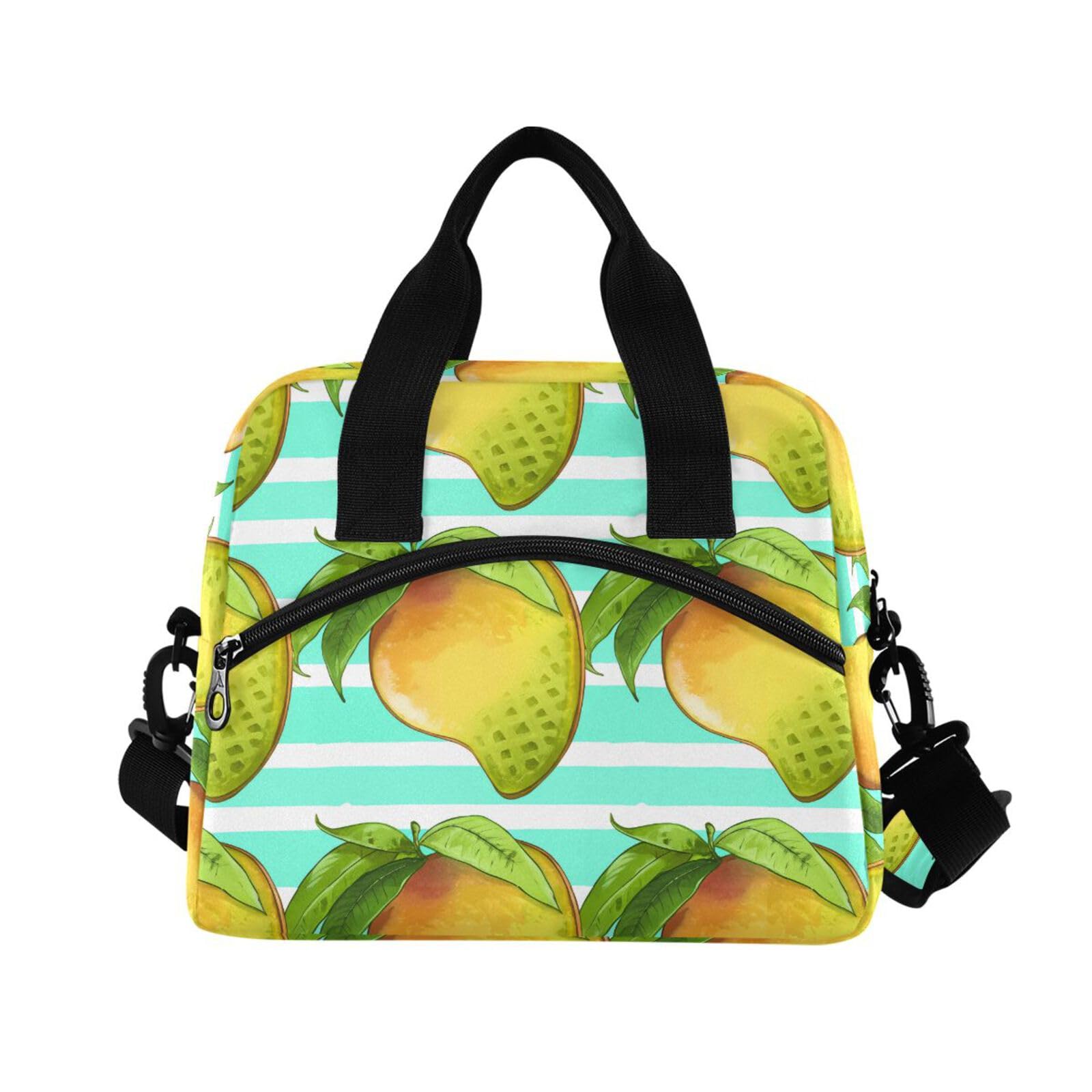 Sinestour Insulated Lunch Bag Reusable Cooler Mango Leaves Stripe Turquoise Lunch Box Adjustable Shoulder Strap for Adults Men Women