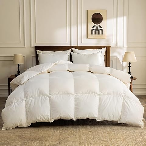 BPC Organic Feather Down Comforter Super King, Fluffy Duvet Insert for All-Season with 100% Cotton Cover and Puffy Feather Down Filling, Ivory White, 120x120 Inches