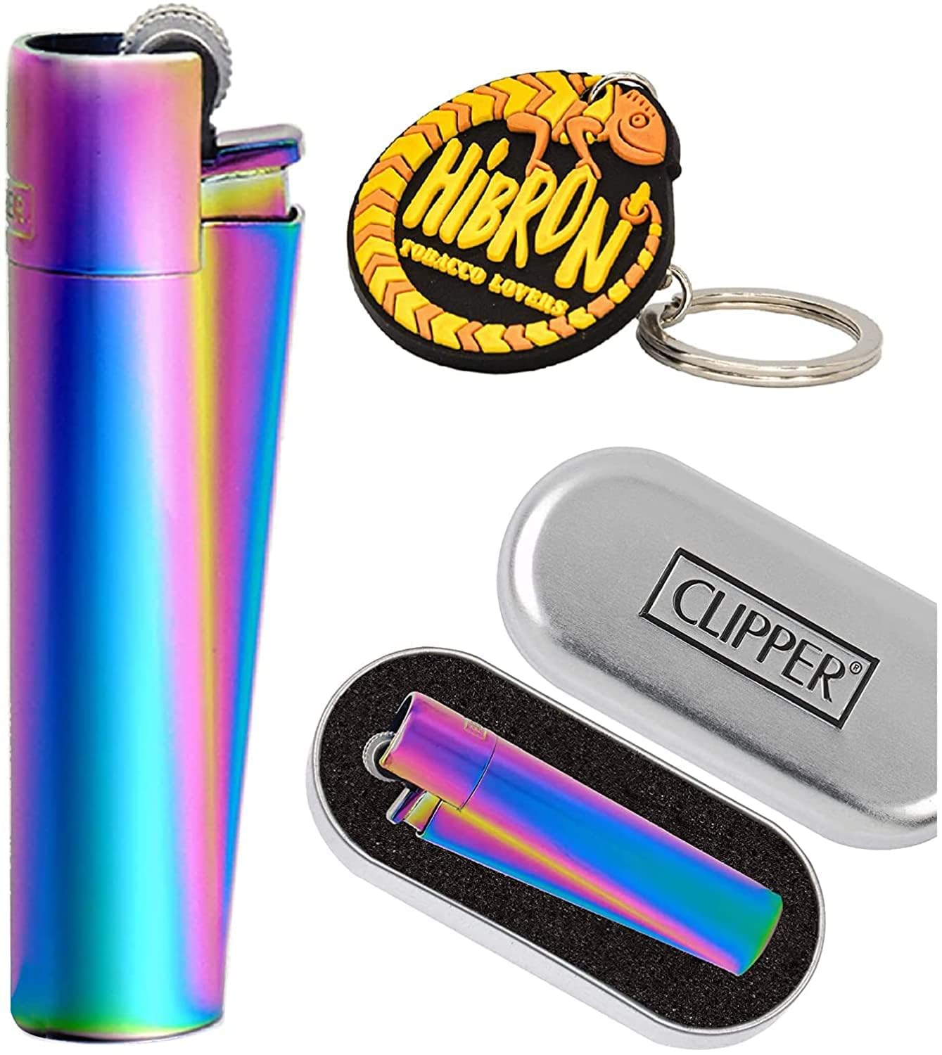 Solid Metal Flint Ignition Clipper Lighter "NEW MIX COLOUR BLUE GREEN PURPLE " - Brushed Chrome Finish - Comes in Embossed Presentation Tin - by VELSON