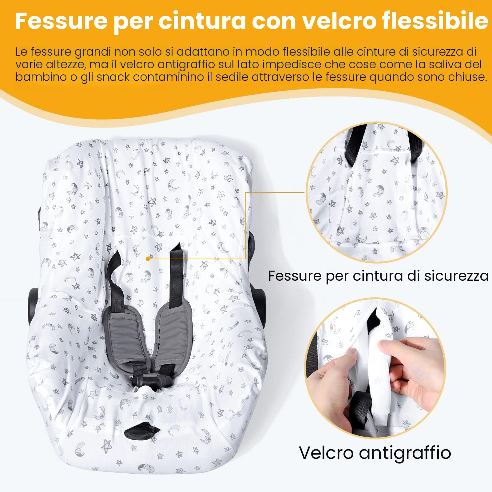 Orzbow Copri Ovetto Neonato Universale, Traspirante Copri Seggiolino Auto Universale, Cotone Fodera Estiva Ovetto, Lavabile in Lavatrice, Morbido e Confortevole, Elasticizzato (Stelle Bianche e Lune)