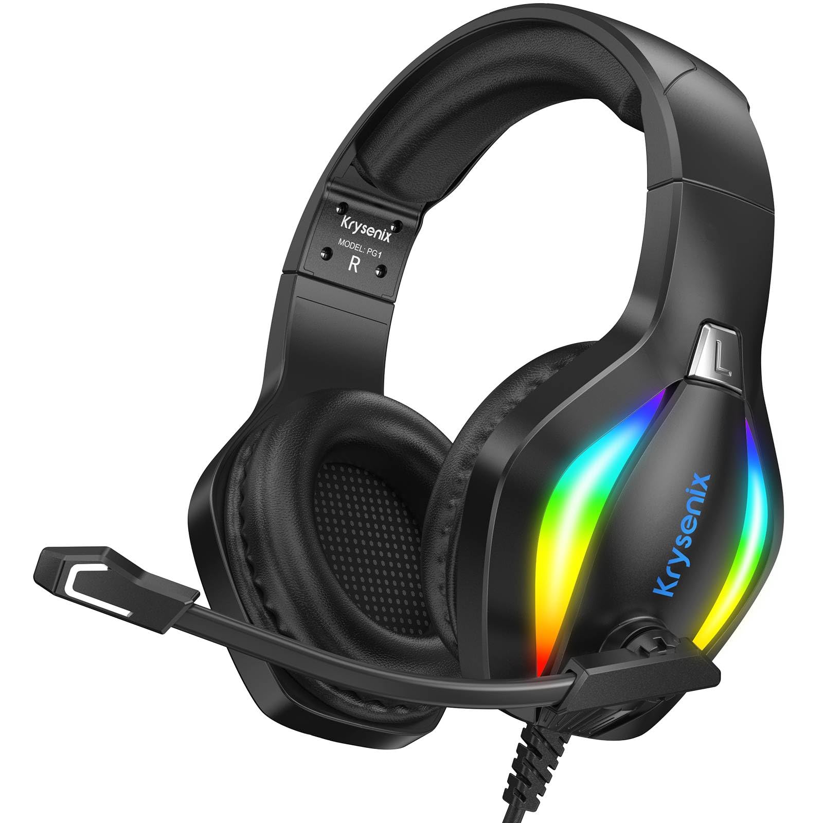 Krysenix PG1 zestaw słuchawkowy gamingowy do PS4, PS5, PC, Xbox, Switch, przewodowe słuchawki do gier ze światłem LED, nauszny zestaw słuchawkowy do komputera z mikrofonem z redukcją szumów i gniazdem