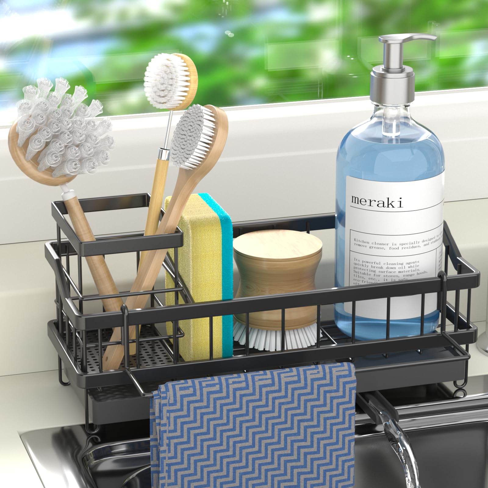 Sponge Holder for Kitchen Sink - Countertop Rustproof Stainless Steel Sink Caddy Kitchen Gadgets Accessories Black