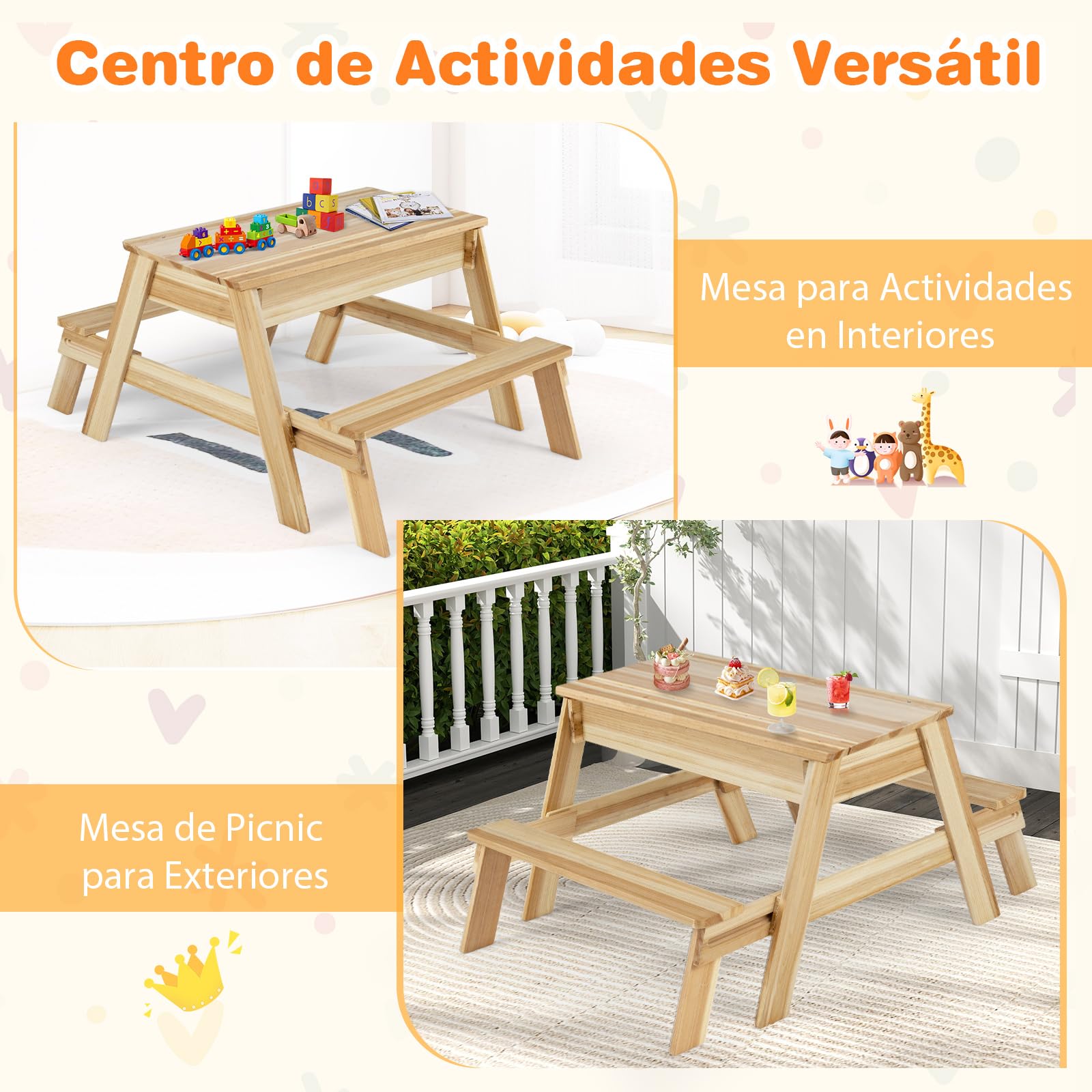 COSTWAY Arenero Infantil, Juego 4 en 1 con Mesa y Bancos de Madera con Tapa Extraíble y 2 Cajas de Almacenaje, Mesita de Actividades de Arena y Agua, Mobiliario de Exterior para Jardín, Patio