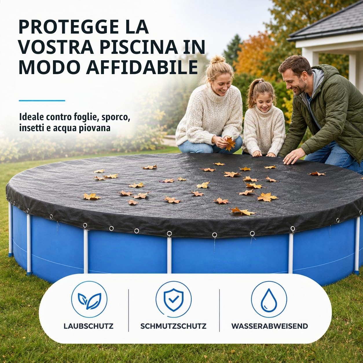 Telo di copertura per piscina rotondo, extra spesso, 200 g/m², resistente ai raggi UV, per l'estate e l'inverno, colore nero (380 – 420 cm (diametro 480 cm)