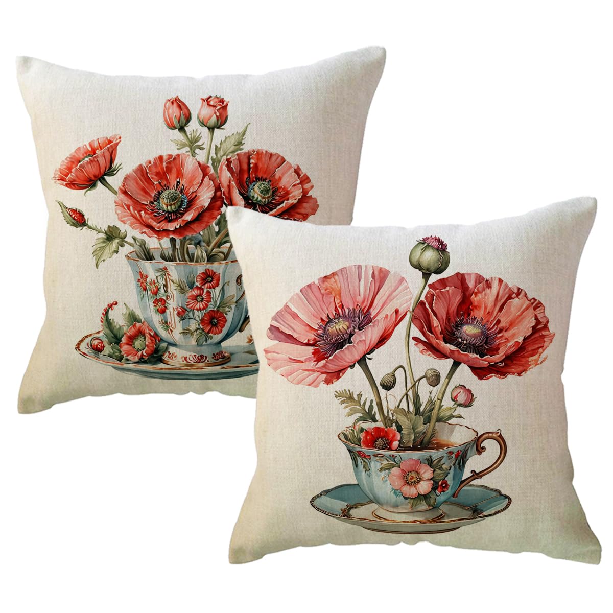 ULOVE LOVE YOURSELF Teacup Floral Throw Pillow Covers 18 x 18 Inch Watercolor Wildflowers Pillowcases Rustic Farmhouse Spring Summer Flower Cushion