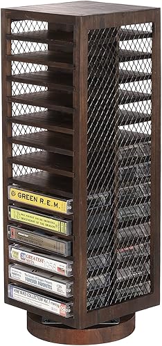 FARM IN Almacenamiento de cinta de casete, diseño giratorio de 360 grados, torre de cassette estilo granja, doble cara de 28 ranuras, madera maciza