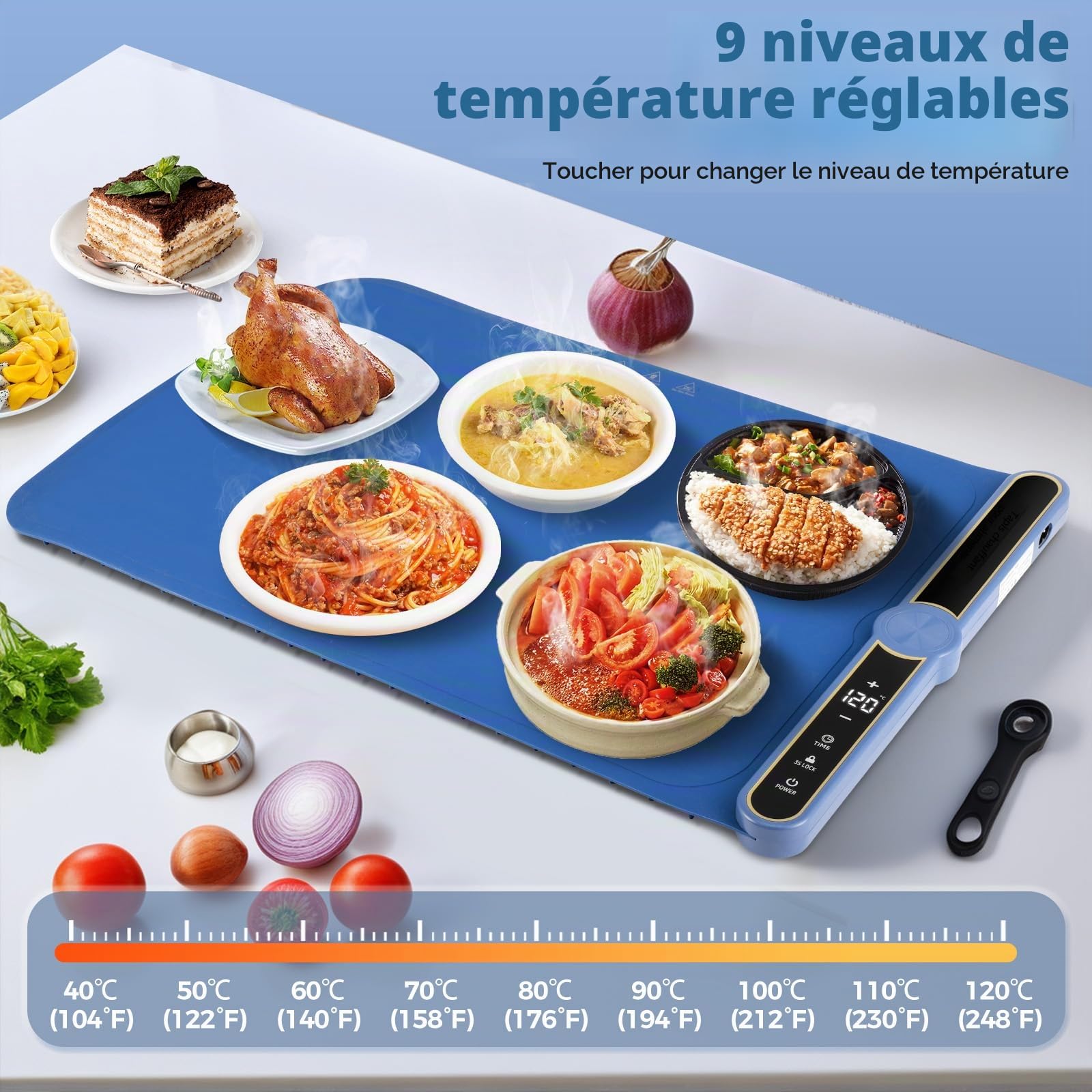 Chauffe Plat Electrique,avec 9 températures,6 réglages de minuterie,Chauffe Plat Portable en Silicone Enroulable avec Sécurité Enfant,Chauffage la Surface en 5s,pour Buffets Fêtes Banquet, Beige