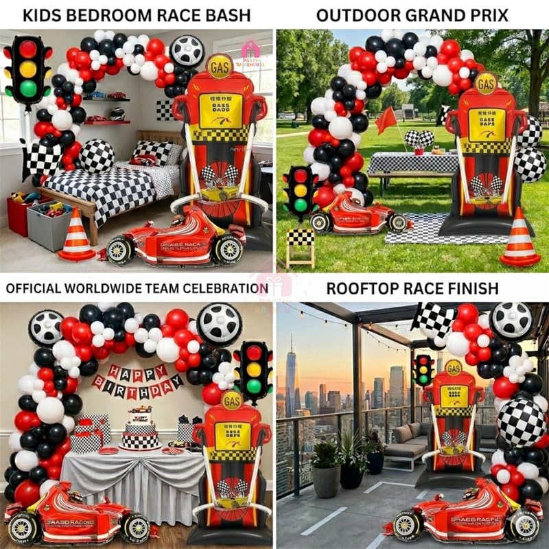 Image of Party Warehouse Racing Car Theme Birthday Decoration Set-XXL Gas Standee Pump Balloon,Car,Traffic Signal,Tyre,Checkered Flag & Cone Foil Balloon|Car Theme Party|Boys Birthday Racing Party Decor-37 Pcs
