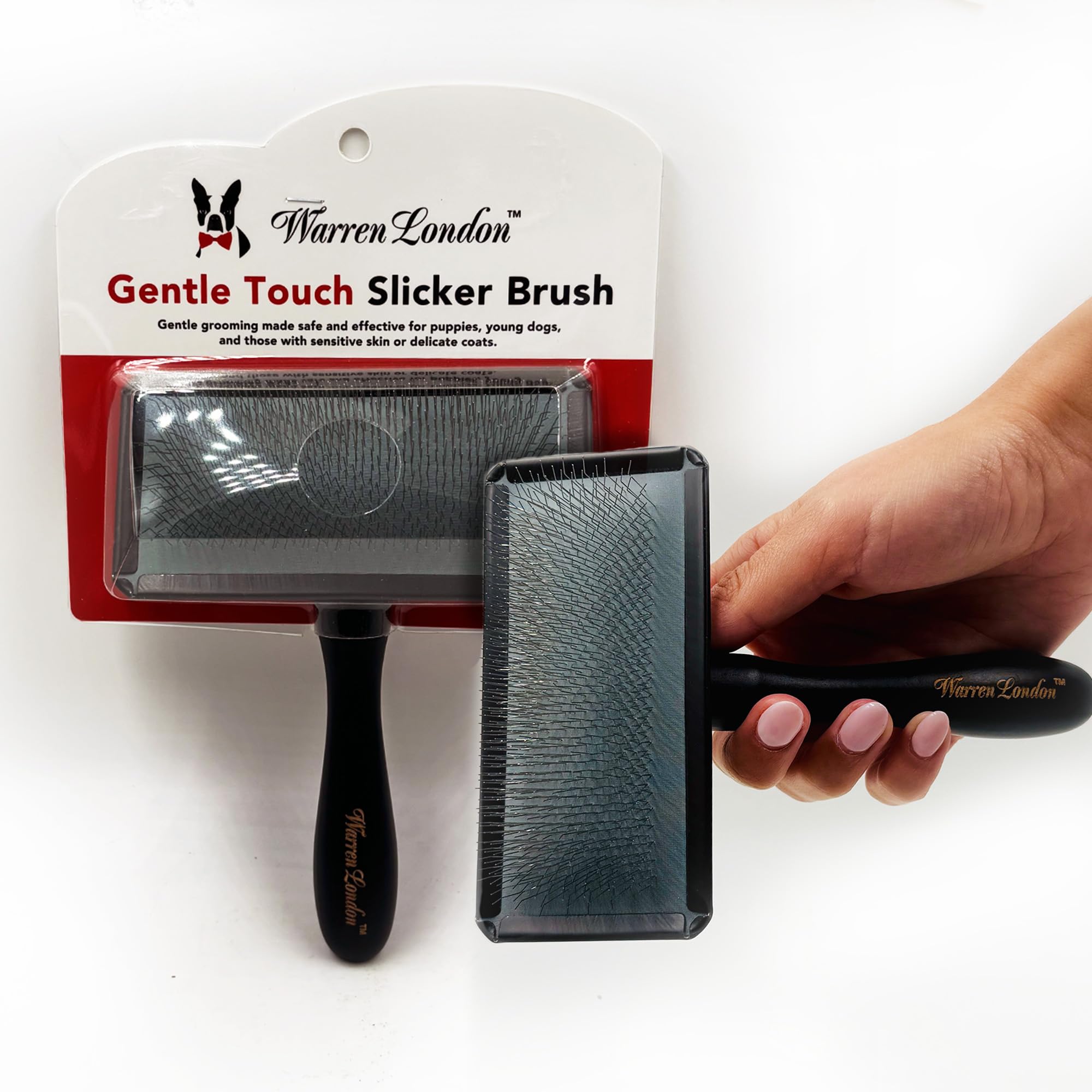 Warren London Gentle Touch Slicker Brush for Puppies & Small Dogs – 4" x 2" Soft Pin Grooming Brush – Tangle Remover for Sensitive Skin – Compact, Lightweight & Easy to Use