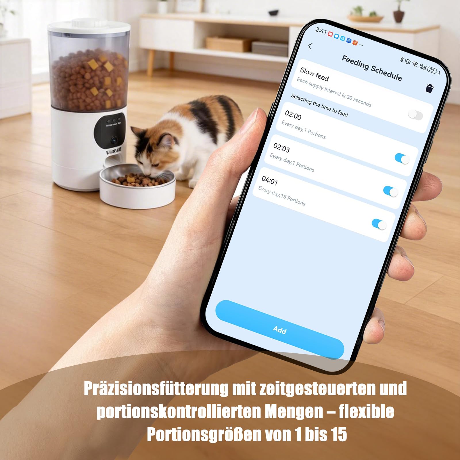 5L Futterautomat Katze mit App Steuerung, Smarter Automatischer Futterspender für Katzen & Hunde, 10s Sprachaufnahme & 2-Wege-Audio, Personalisierter Fütterungsplan, Doppelstromversorgung