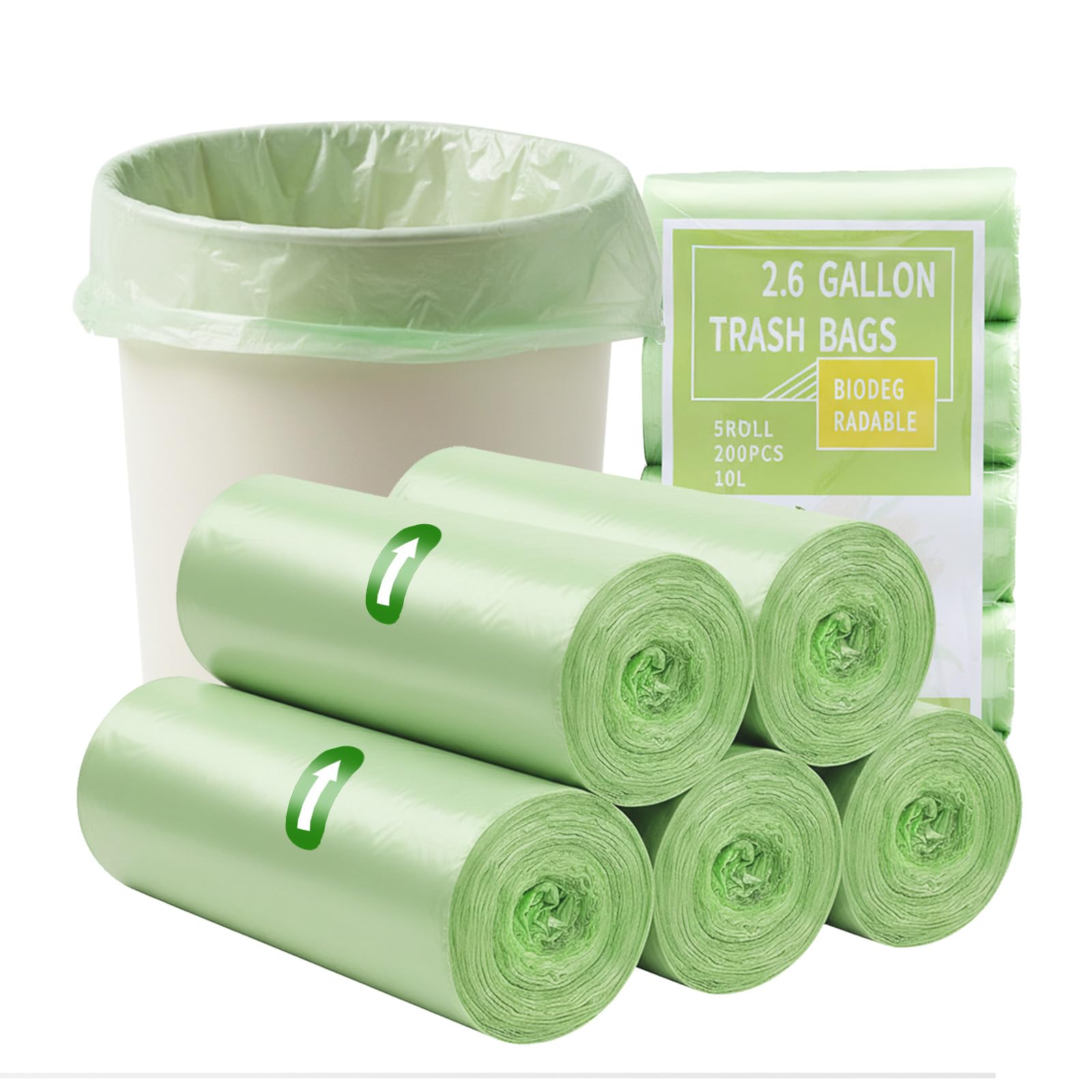 200 bolsas de basura biodegradables de 10 L (45 x 50 cm) - Bolsas de maíz compostables, bolsas ecológicas para cocina, baño y jardín - 5 rollos