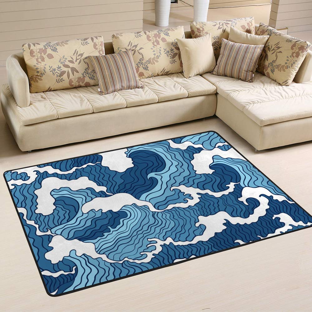 Tapis japonais facile à nettoyer vagues bleues Ruchen durable pour chambre