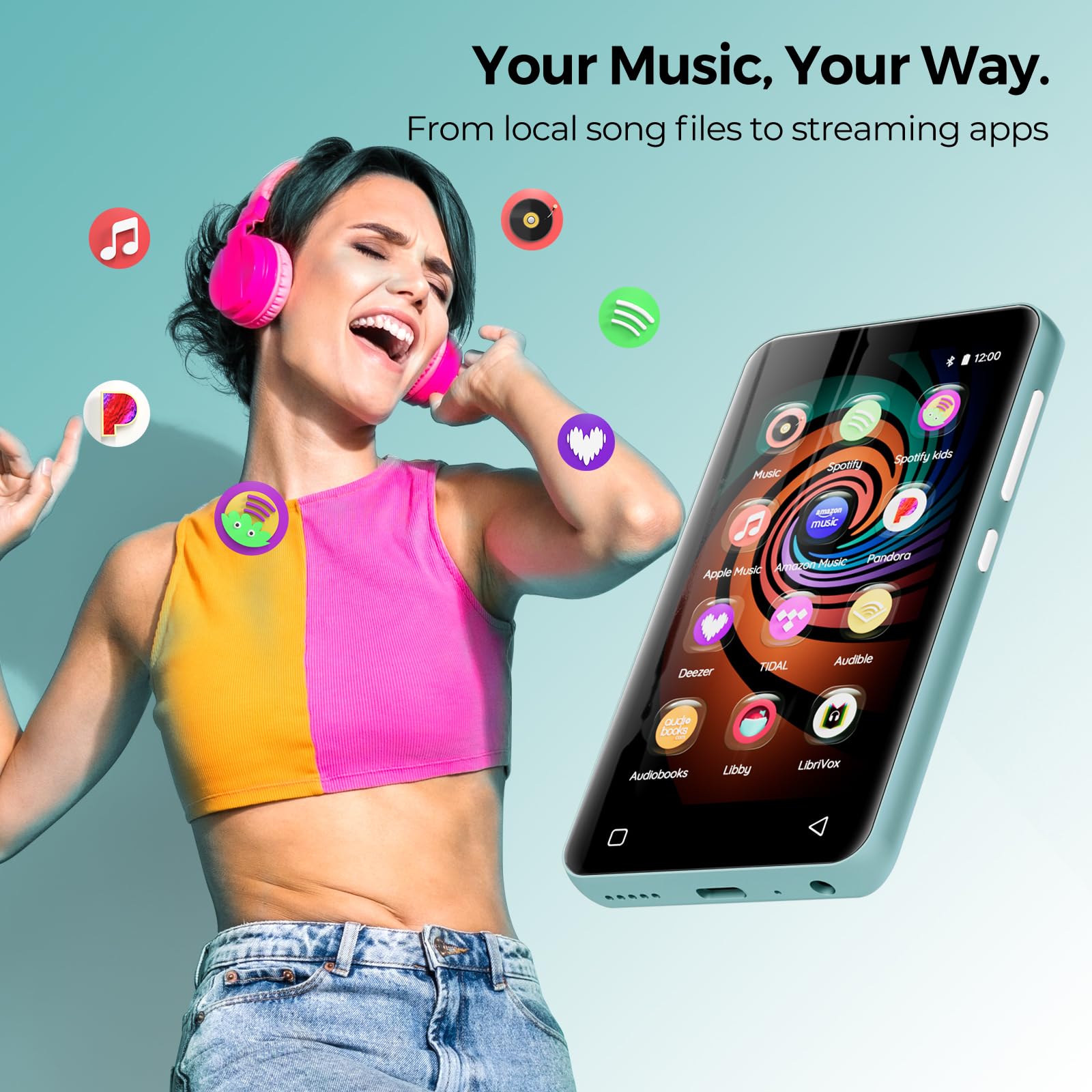 Reproductor MP3 de 160 GB con Bluetooth y WiFi, reproductor de música innioasis con Spotify, Pandora, Amazon Music, pantalla táctil de 4 pulgadas, reproductor de MP4 y MP3 para niños con Libby,