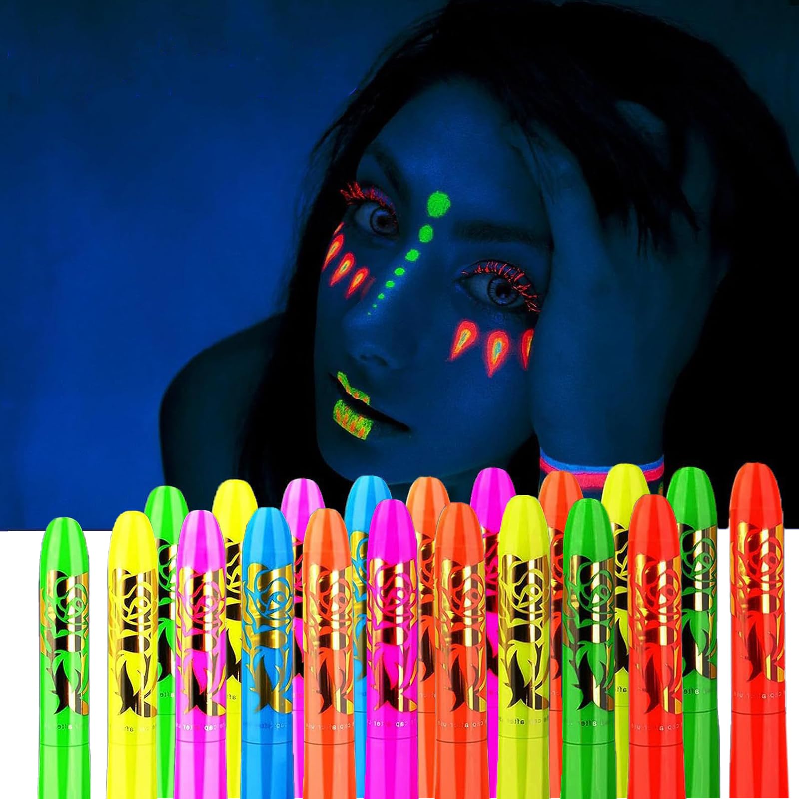 20 Pcs Glow in The Dark Face Body Paint Crayons UV Lighting Highlighter Water Based Washable Paint Crayons Kit, Suitable for Halloween & Christmas Safe & Non-toxic for Children