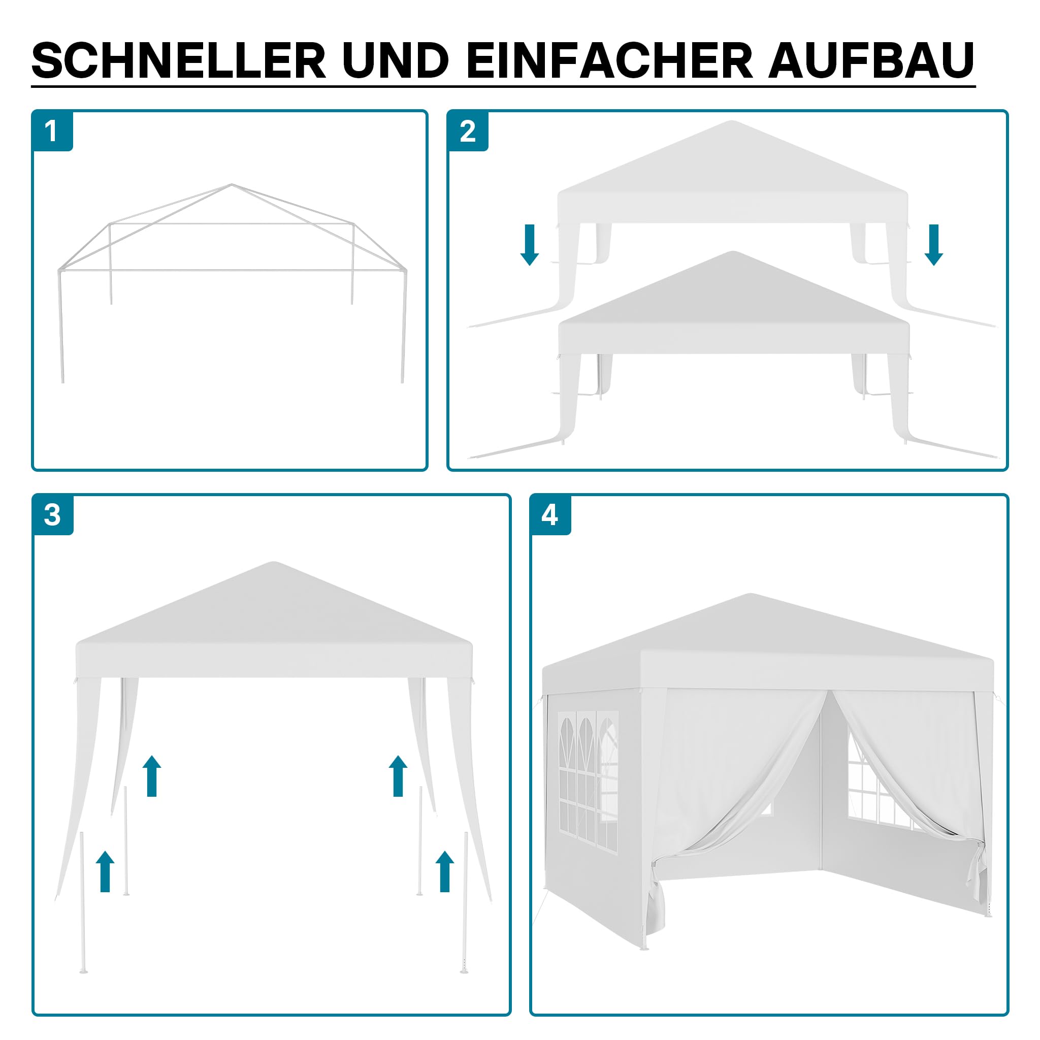 Wiltec Pavillon 3 x 3 m in Weiß mit UV-Schutz 50+, Gartenpavillon mit abnehmbaren Seiten, Partyzelt mit Fenstern für z. B. Terrasse und Festival
