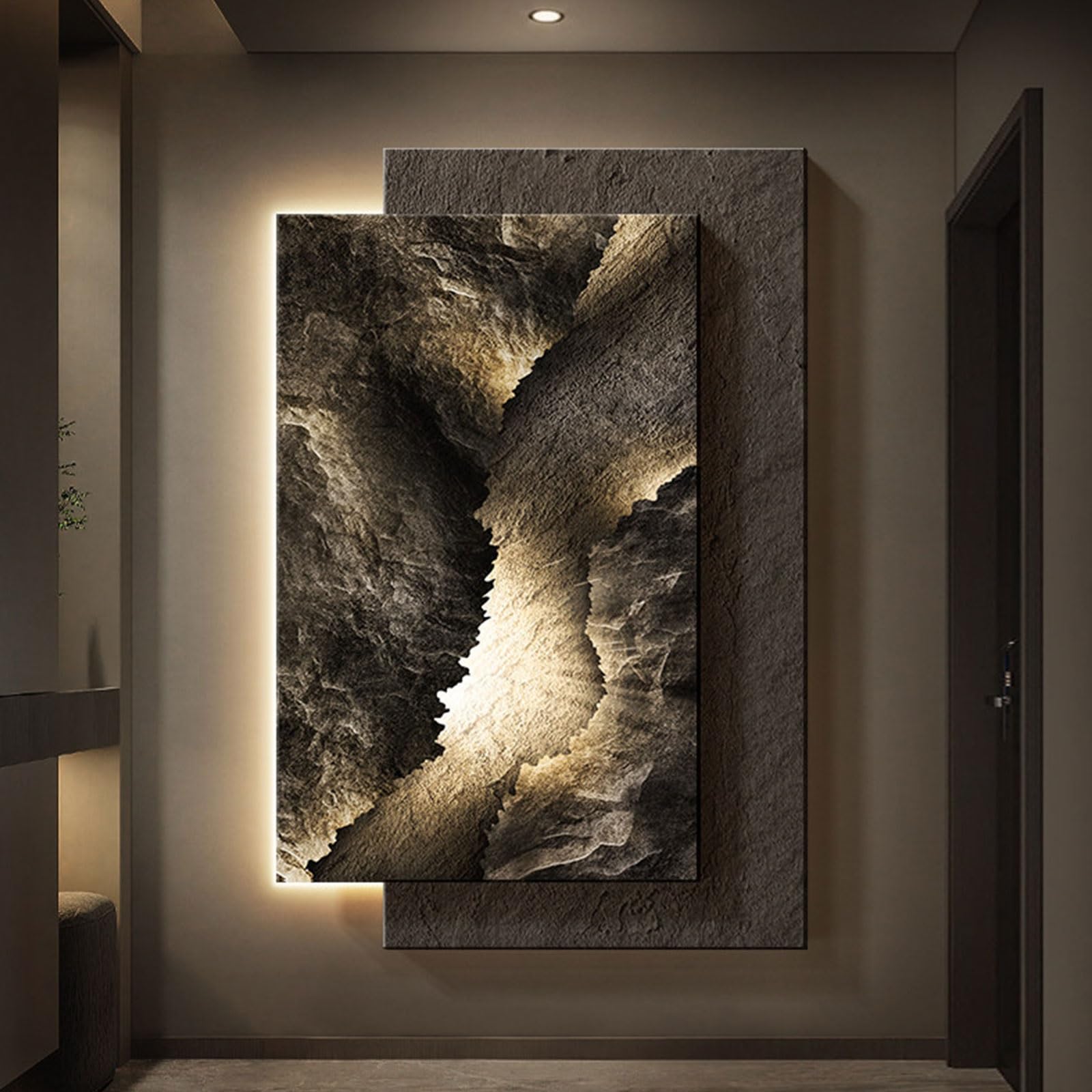 OECETCAWKD Sandstein 3D Vision Wandbild mit LED Beleuchtung, Wandskulptur Rahmenlos mit Fernbedienung, Wanddeko Moderne Abstraktes Gemälde für Wohnzimmer Flur(A,60 * 80CM/23.6 * 31.5IN)