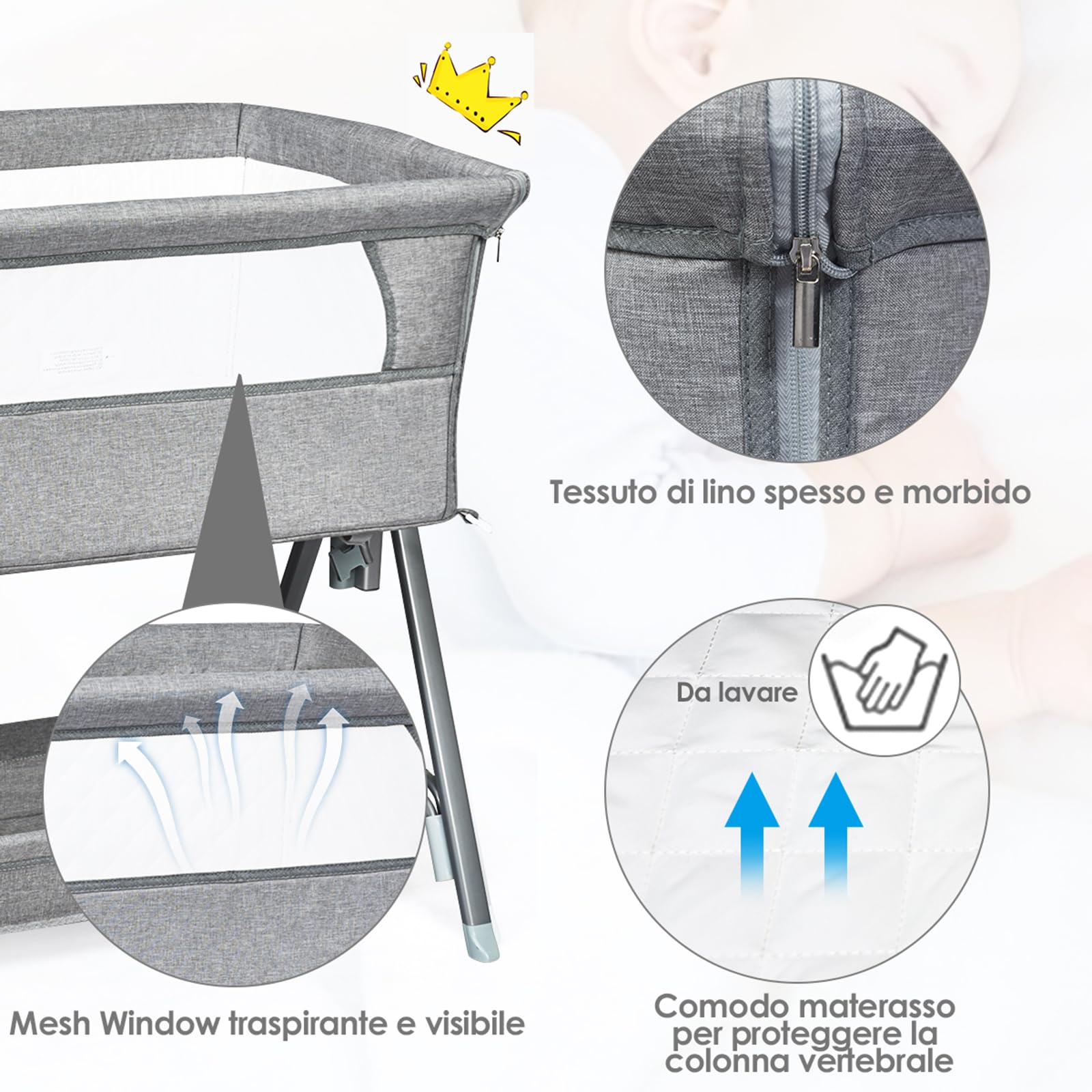COSTWAY Culla Neonato, Culla Fianco Letto con Meterasso Imbottito, Altezza regolabile, Cintura e Cesto Portaoggetti, Portata Culla 15kg Portata Cesto 2kg