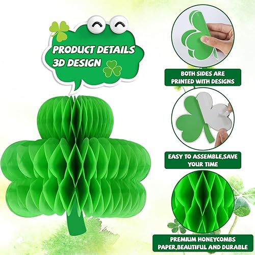 Miniatura 3 de 12 bolas colgantes de panal del día de San Patricio, centros de mesa de trébol para mesas, letrero colgante de techo irlandés de la suerte para