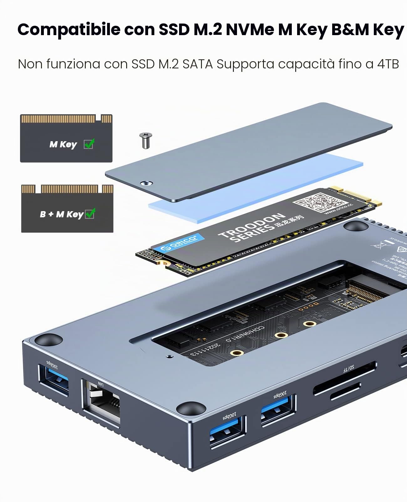 ORICO Docking Station USB C con M.2 NVMe SSD Enclosure, 9-in-1 Hub Adattatore con 100W PD, 3 Porte USB 3.1, HDMI 4K 30 Hz, TF/SD, Ethernet RJ45, Audio/Mic da 3,5 mm