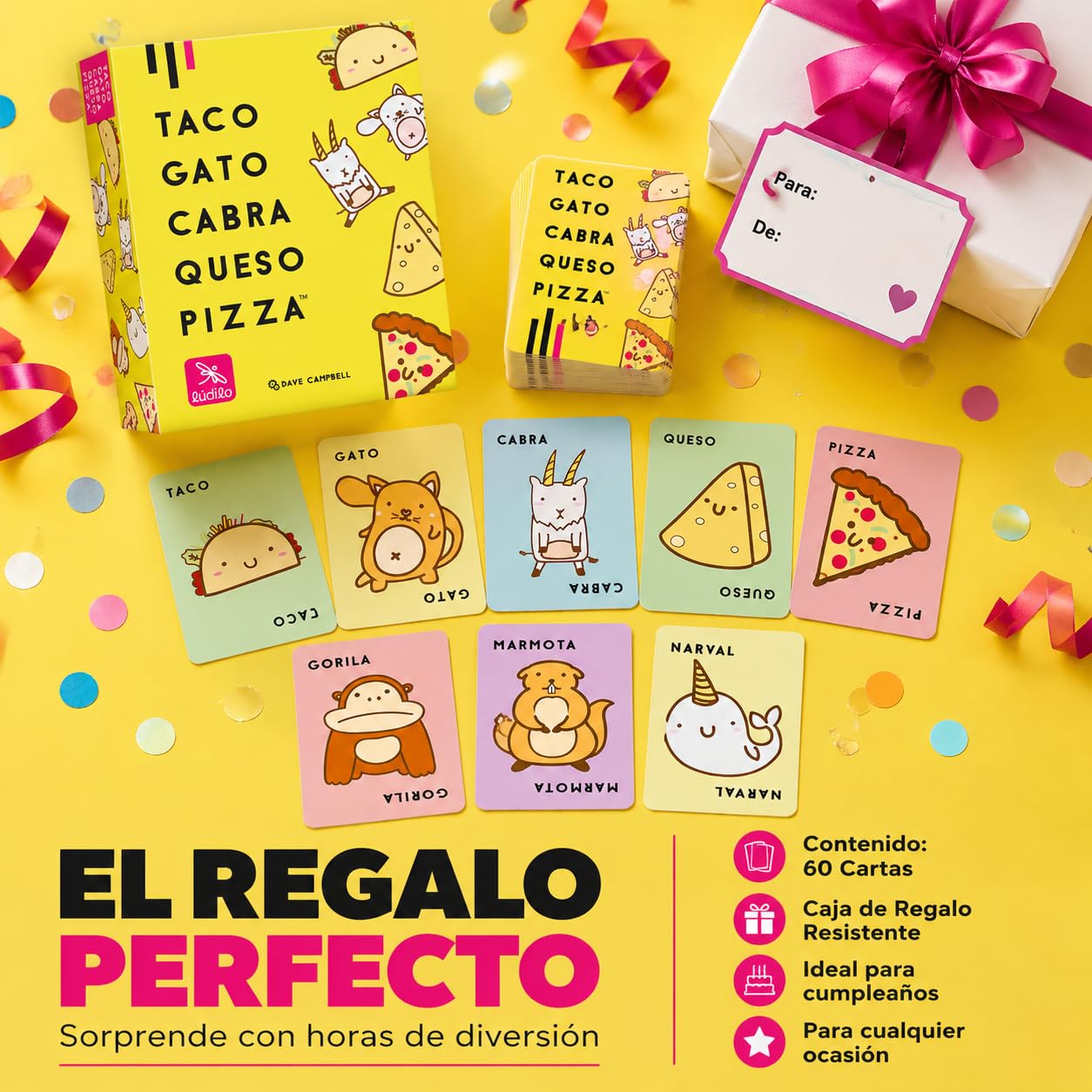 Ludilo - Taco Gato Cabra Queso Pizza | Juegos De Mesa | Juegos De Mesa Niños 8 Años O Más | Juego De Cartas con 60 Cartas | Regalo Niño 8 Años O Más De 3 A 8 Jugadores
