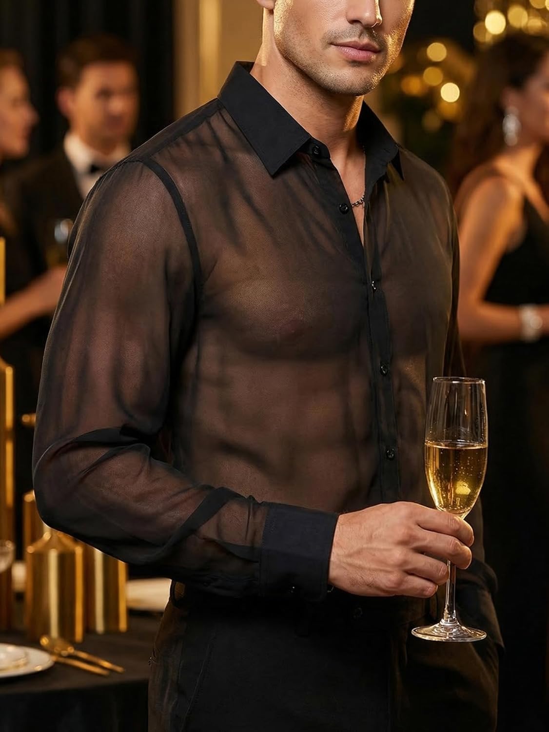 Men's Mesh Sheer See Through Long Sleeve Rave Disco Outfit Collar Button Front Party Shirt Tops