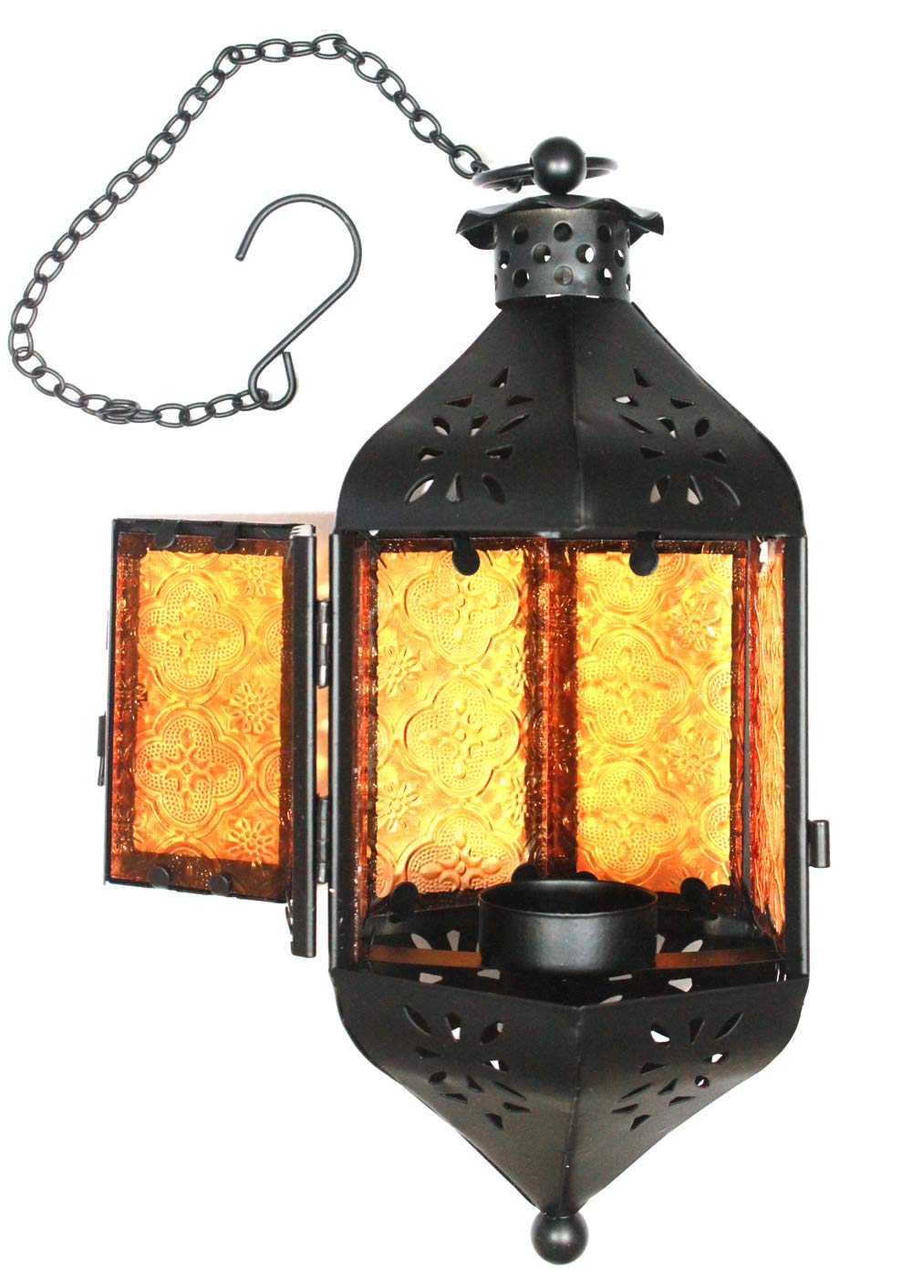 Amber Glass Hanging Moroccan Candle Lantern with Chain - Image 4