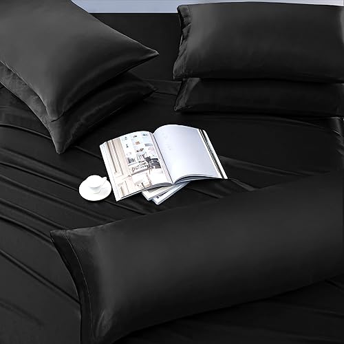 Miniatura 4 de Manyshofu Juego de sábanas de satén negro de 7 piezas, tamaño King, juego de sábanas de satén sedoso lujoso y suave, 1 sábana bajera de satén, 1