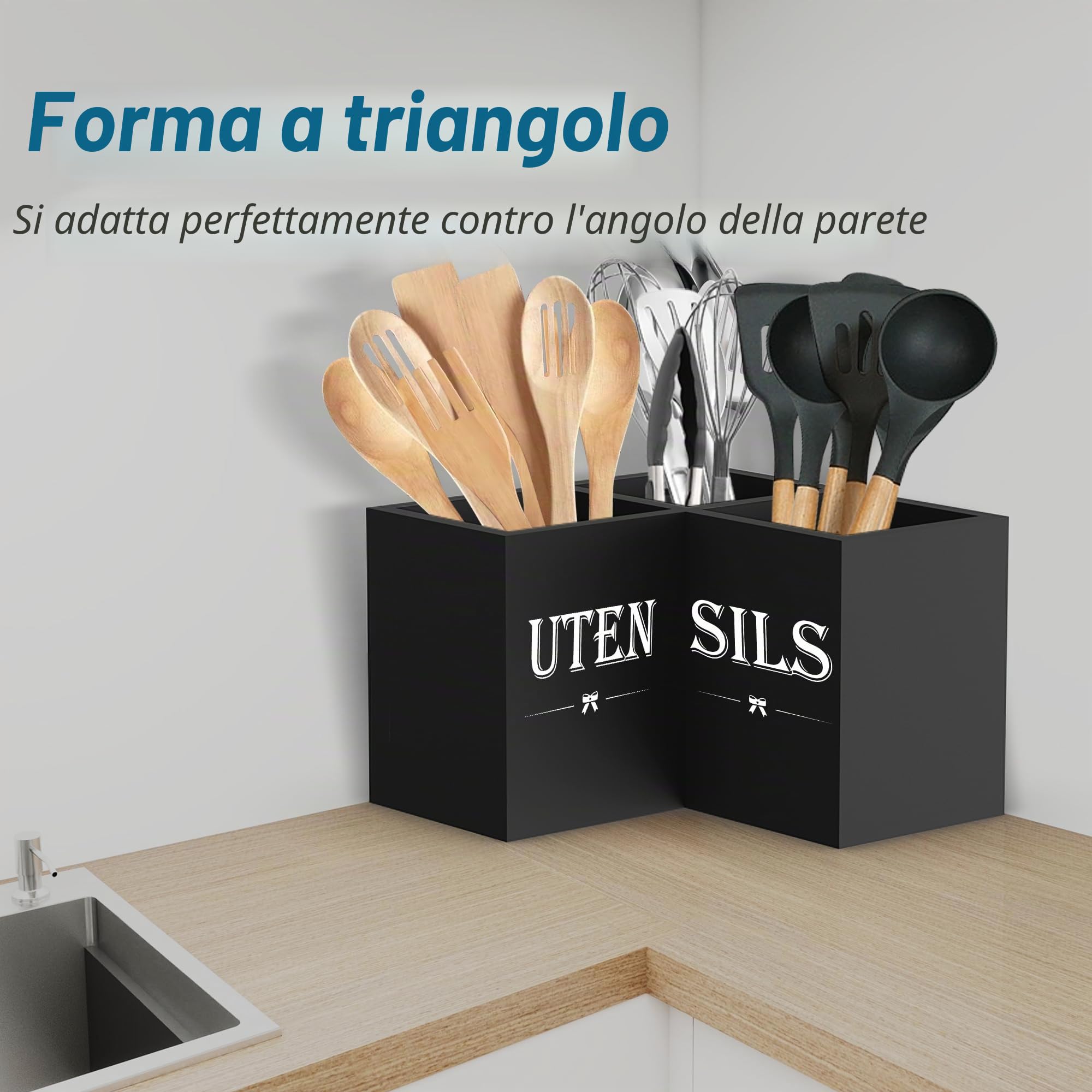 Suli Portautensili da cucina extra large 3 scomparti, organizer in legno per utensili da cucina da appoggio sul piano di lavoro - Nero