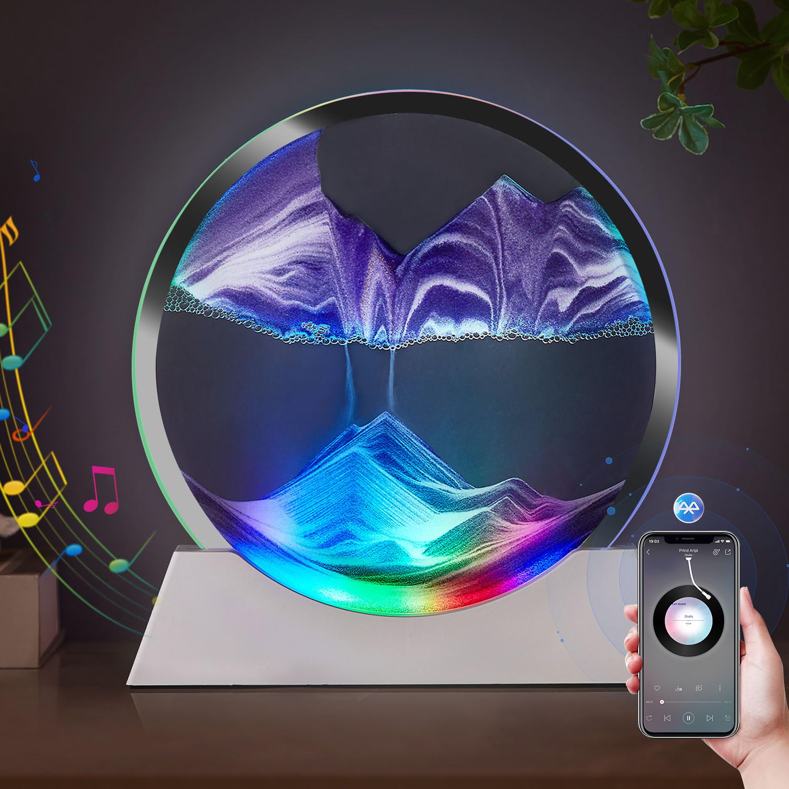 Moving Sand Art Bluetooth Speaker Bedside Dimmable Multi-Color Changing Bedside Lamp, Sand Art Lamp for Home Decor/Relaxation/Party/Music/Gift-Purple