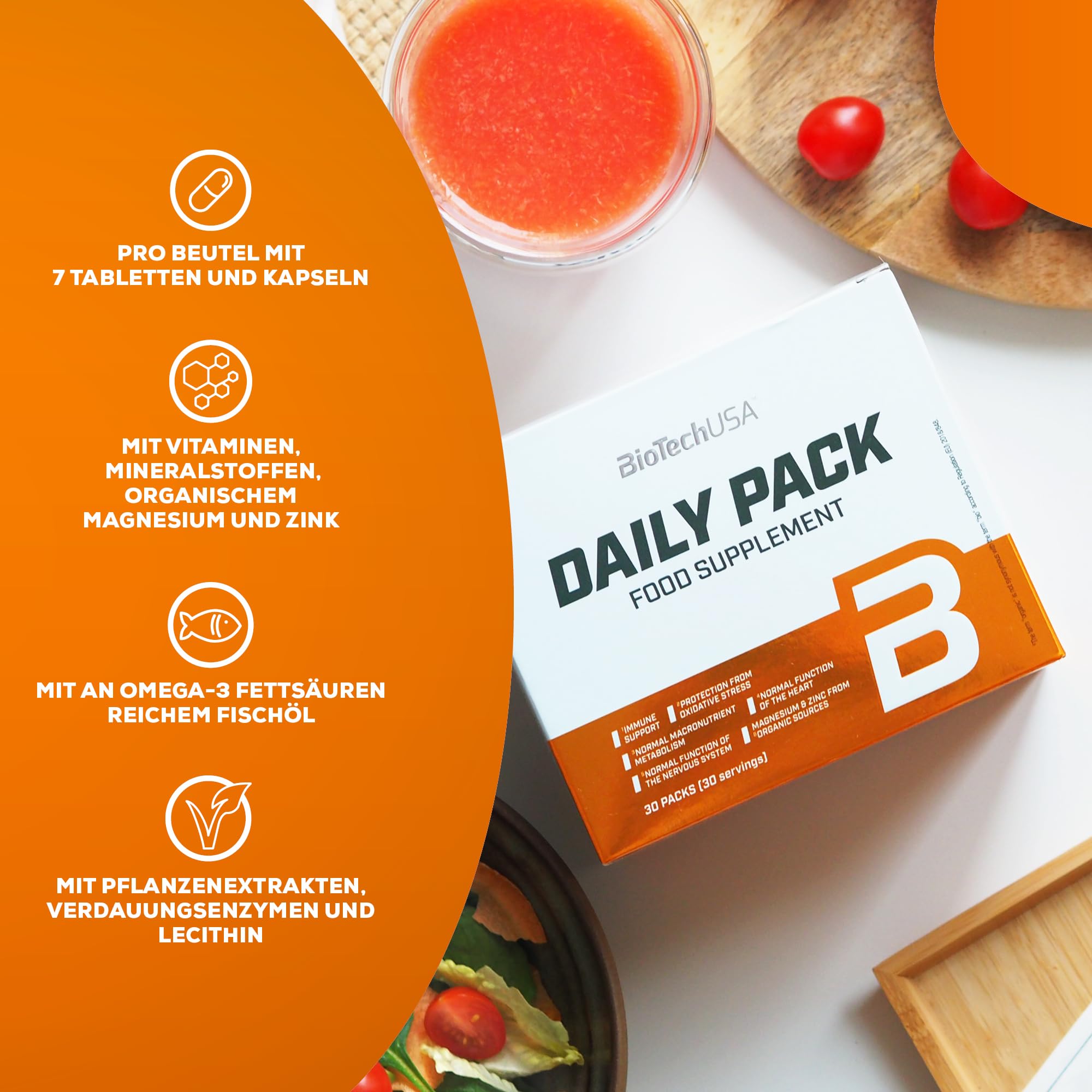 BioTechUSA Daily Pack | Vitamin-, Mineralstoff- & Pflanzenextrakt-Pack | Mit Omega-3, Lecithin & Traubenkern | Multi-Tabletten-Beutelformat | Gluten-, laktose- & GMO-frei | 30 Päckchen